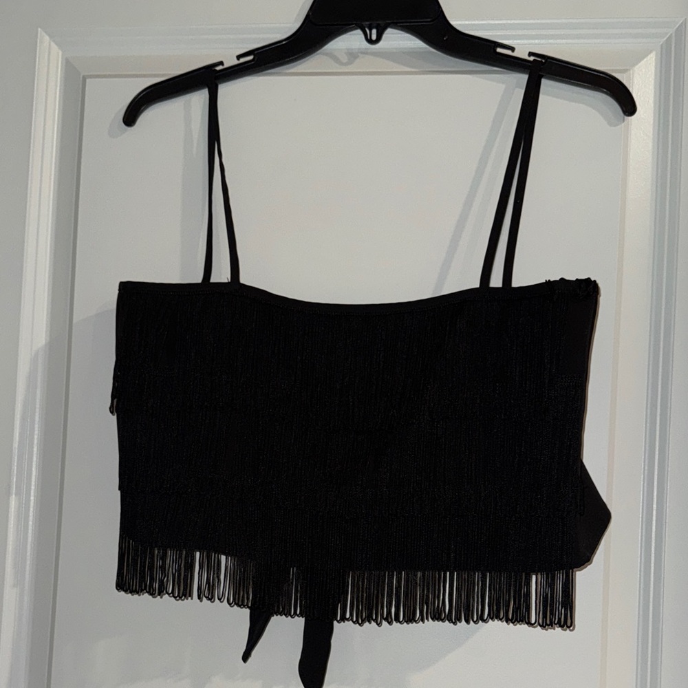 Altar'd State Elegant Black Fringe Crop Top